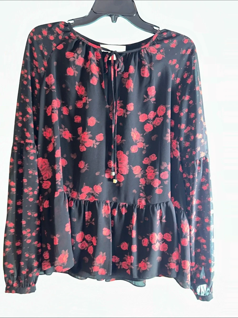 Michael Kors Black Blouse with Red Rose Print
